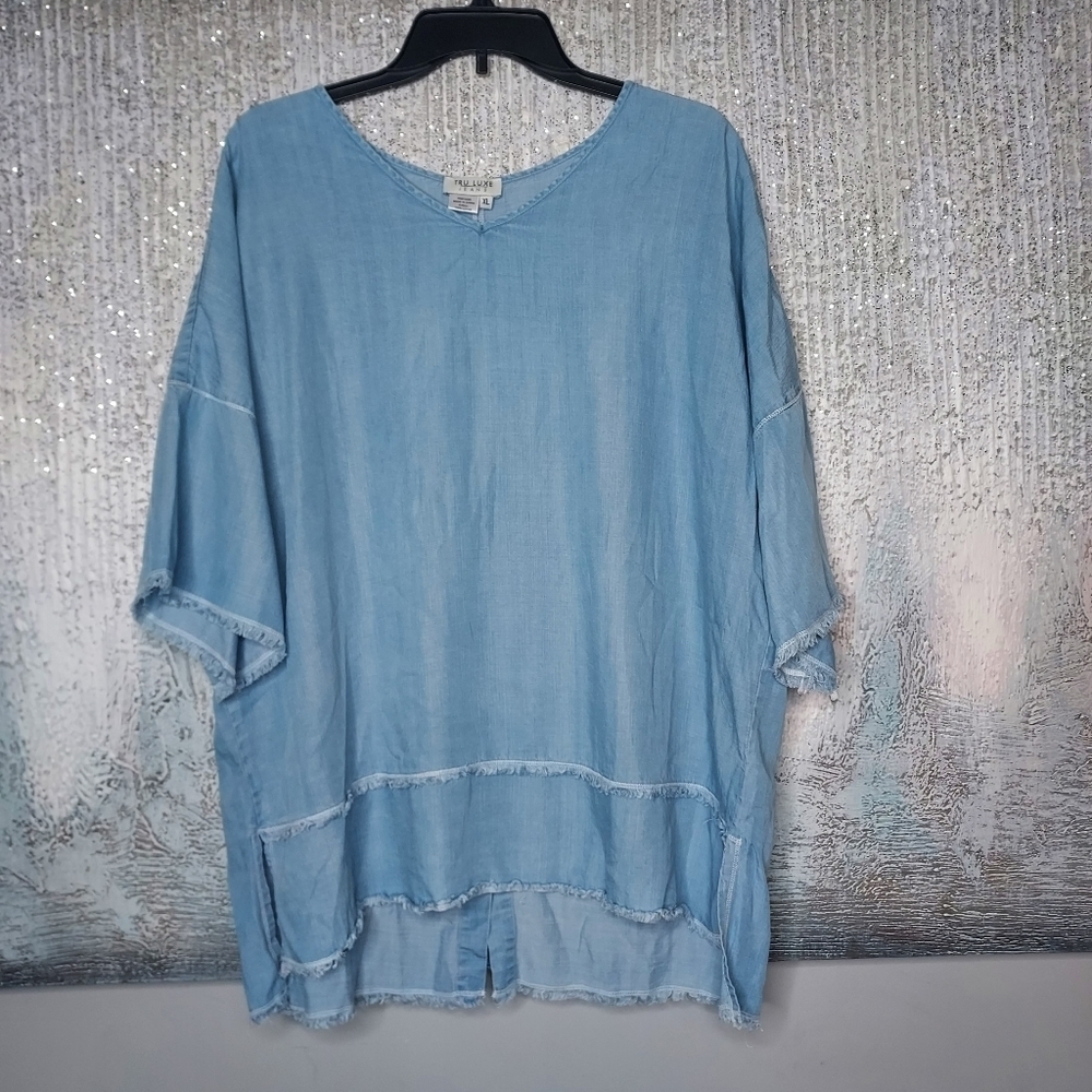 True Luxe Jeans Oversized tops- size XL With Frayed Detail And Back Buttons